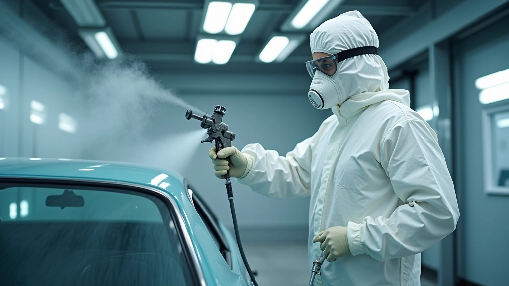 Profesinoals dažytojas purškia automobilį šiuolaikiniu spalvų pursliu, pilnai apsaugotas darbinėje, garingas dažų kabina su šviestuvais