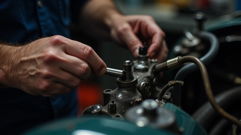Retro automobilio restauravimas dirbtuvėje, dvi rankos su specialiais įrankiais, restauruojamos dalys