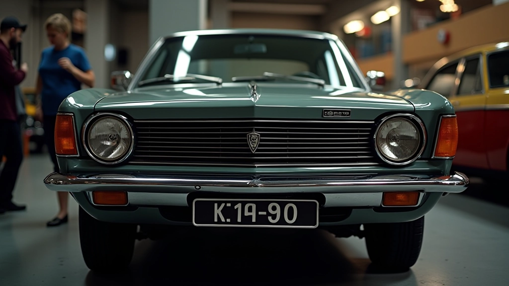 Detali 1970-ųjų automobilio grindinio konstrukcija, rodanti chrominę dalį ir klasikinę dizainą