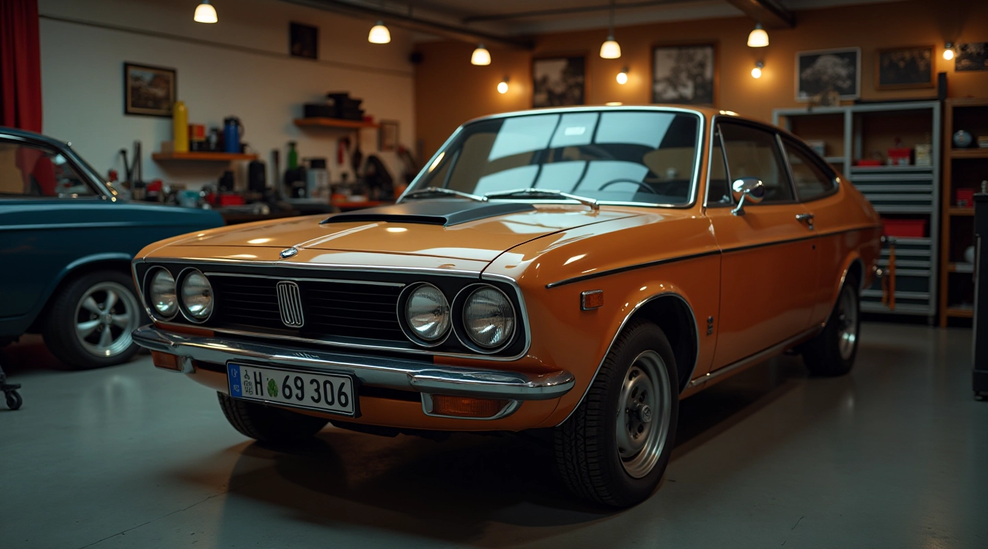 Klasikinis retro automobilis iš 1970-ųjų metų, šoninis vaizdas restauravimo dirbtuvėje su profesionaliais įrankiais