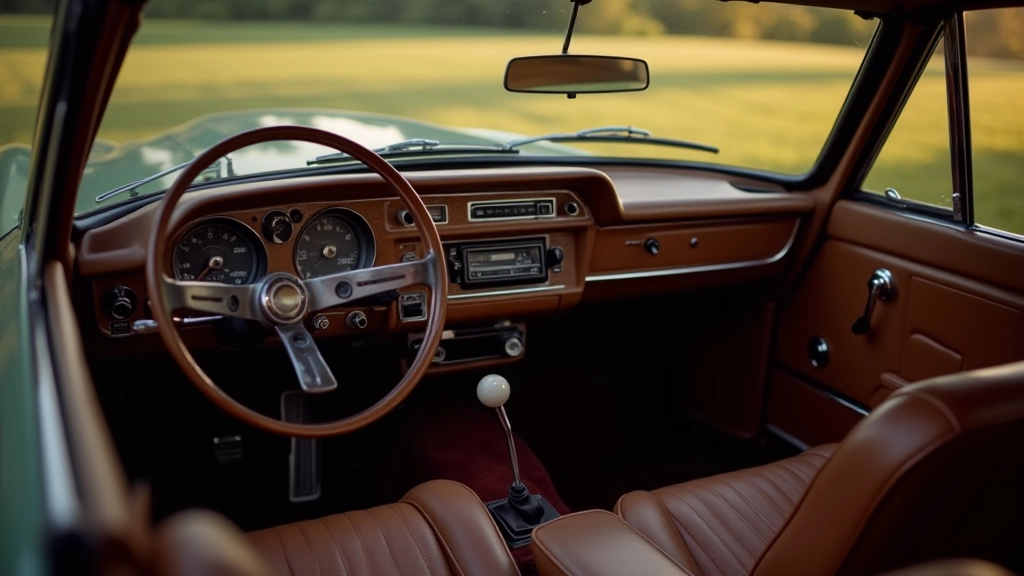Klasikinio automobilio interjeras su originaliais sėdynėmis, stūmoklio ir retro instrumentų skydo