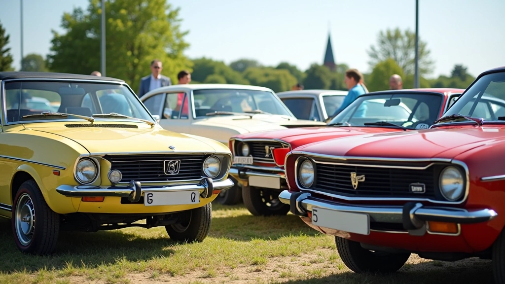 Retro automobilių paroda su keliomis klasikinėmis mašinomis, sustatytas lygioje aikštelėje