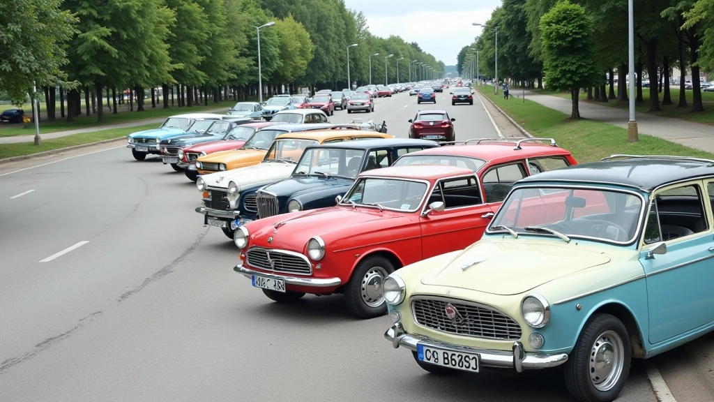 Klasikiniai automobiliai eilėje ant šalto asfalto, nuotolinės fotografijos perspektyva, gražios spalvos