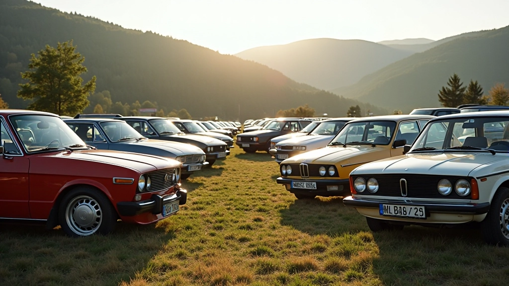 Keletas retro automobilių išdėstyta šalia vienas kito sausumos aikštelėje su kalnu peizažu fone