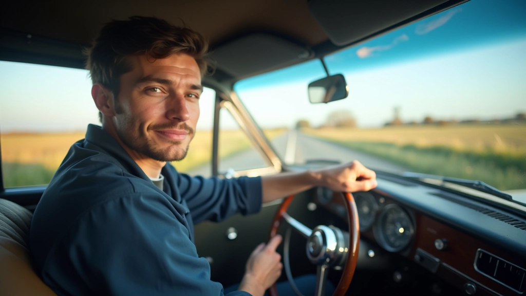 Restauruoto automobilio bandymo važiavimas kelionėje, meistras sėdi prie vairo, vasaros dienos šviesa, saugios kelionės atmosfera