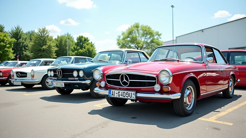 Retro automobilių paroda Lietuvoje, keletas klasikinių automobilių šalia vienas kito sausumo aikštelėje